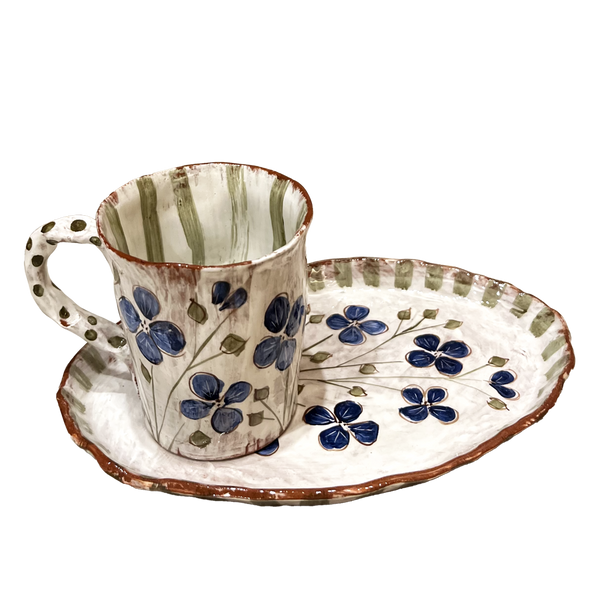 BLUE FLOWER TEA CUP AND OVAL PLATE